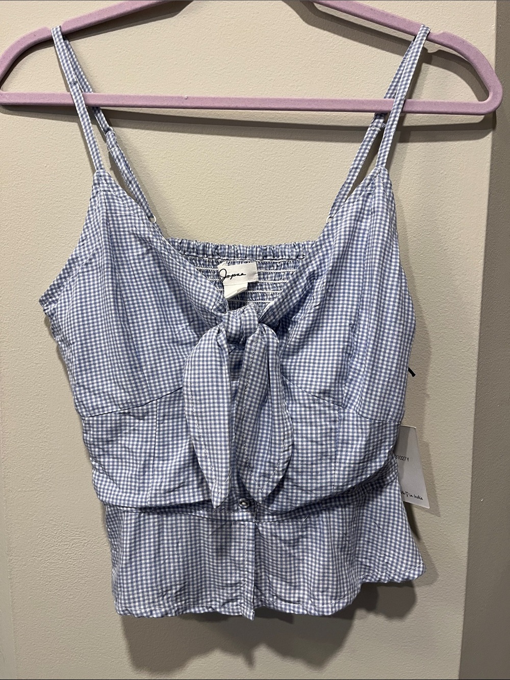 Japna Blue Gingham Tie-Front Crop Cami